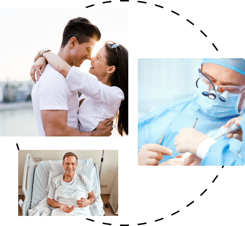 A collage of people in different medical settings.